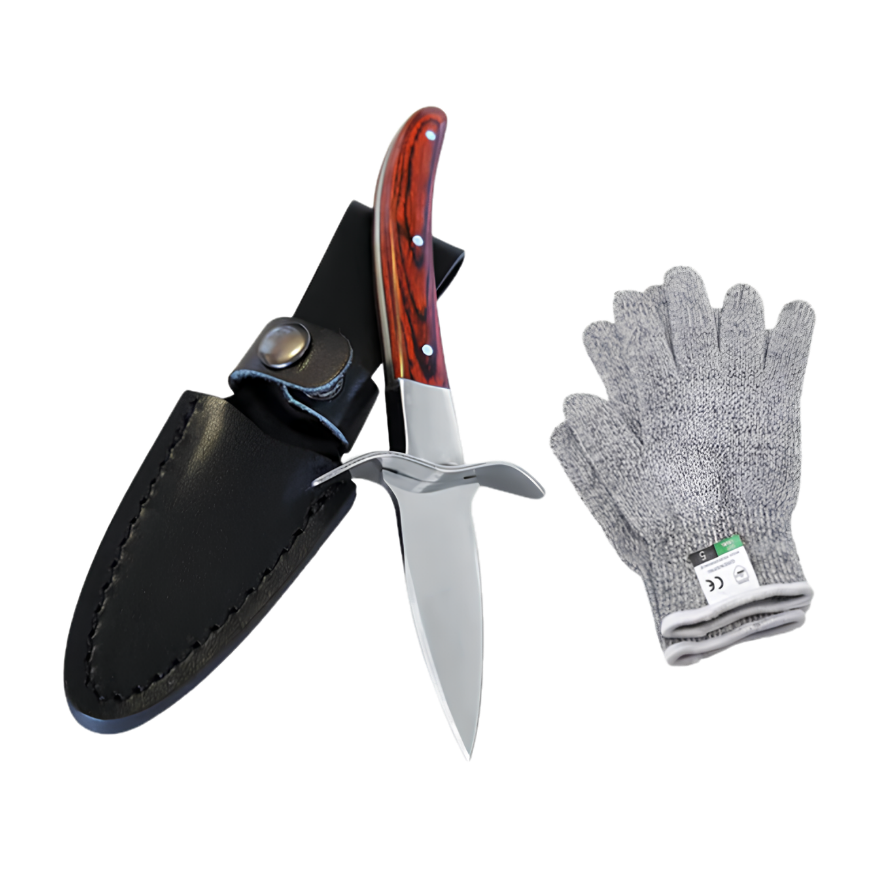 Oyster Shucking Knife + Leather Sheath + Gloves