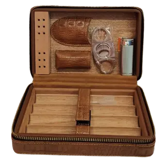 Sikarlan Travel Humidor & Lighter+Cutter Leather Brown