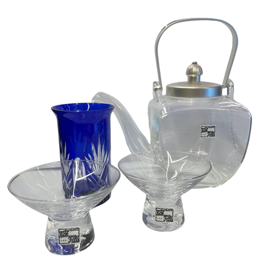 Hirota Blue Glass Pitcher and 2 Cups