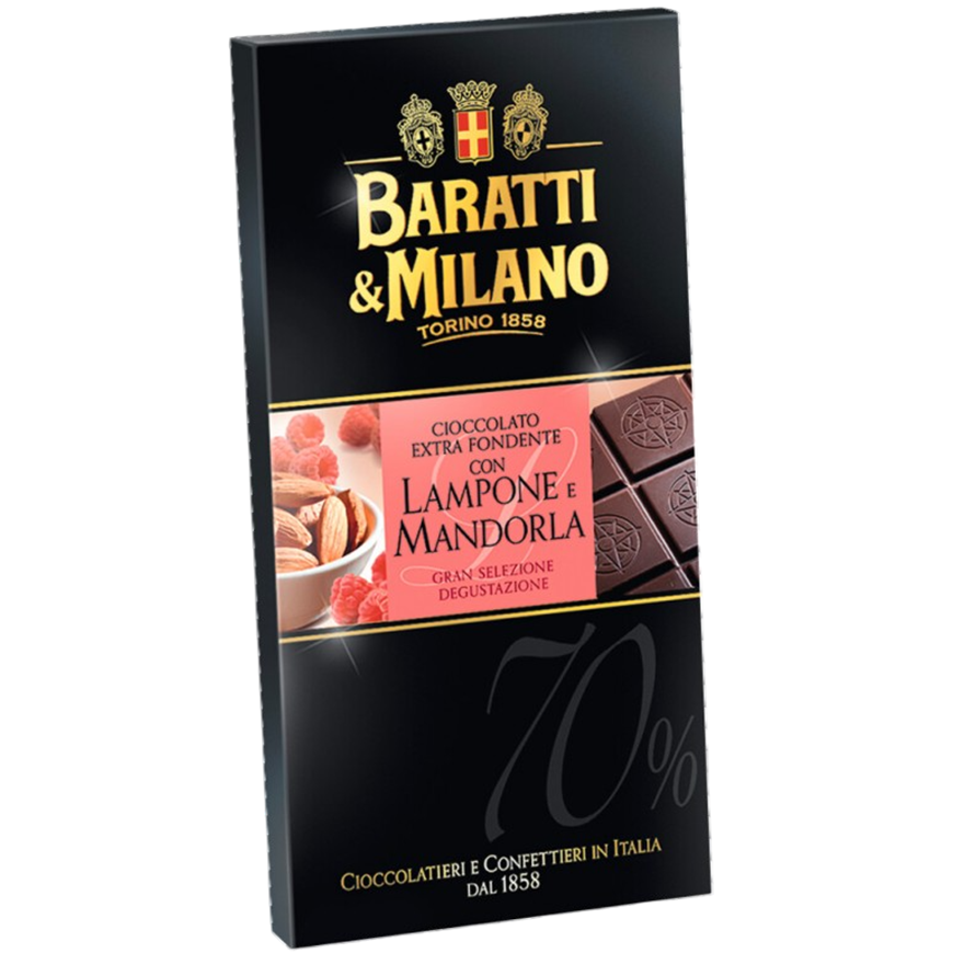 Baratti & Milano Chocolate Extra Dark 70% Raspberry Almond 75g